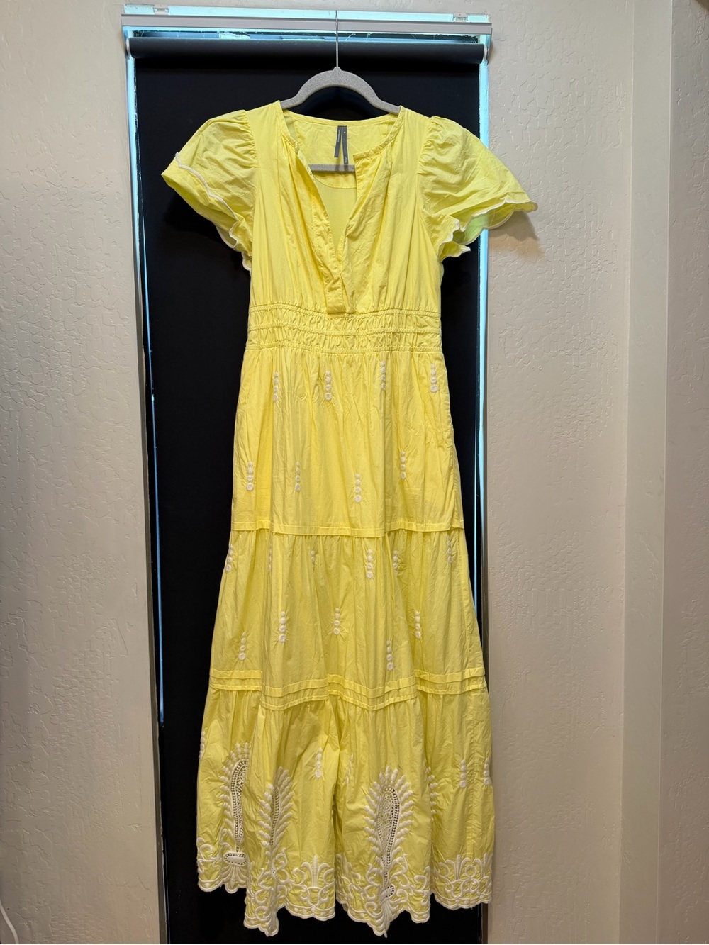 AnthropologierYellow Embroidered Tiered Maxi Dress XS